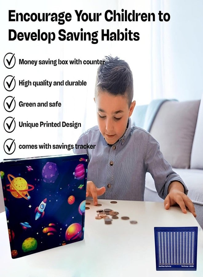 بلس بوينت صندوق توفير خشبي بتصميم فضائي من بلس بوينت، مناسب للكبار والصغار | حصالة ذكية مزودة بجهاز تتبع | صندوق للعملات المعدنية والأوراق النقدية | صندوق للادخار المنزلي | هدية للرجال والنساء (تصميم فضائي) - Image 3